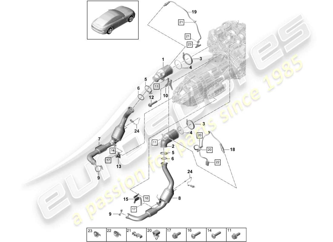porsche 2021 (panamera 971-1) exhaust system catalytic converter petrol particulate filter lambda probe part diagram