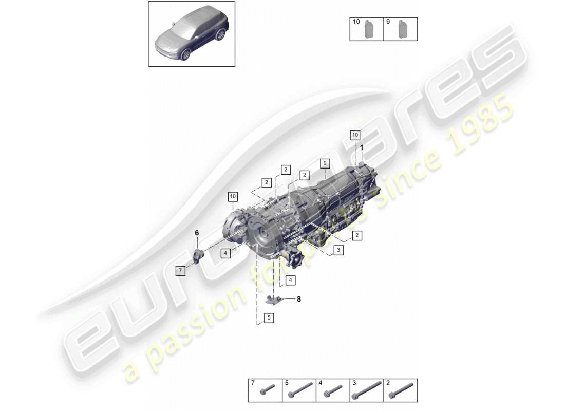 porsche 2024 (cayenne e3 9ya/9yb) 8-speed automatic gearbox for vehicles with hybrid drive mounting parts for engine and transmission part diagram