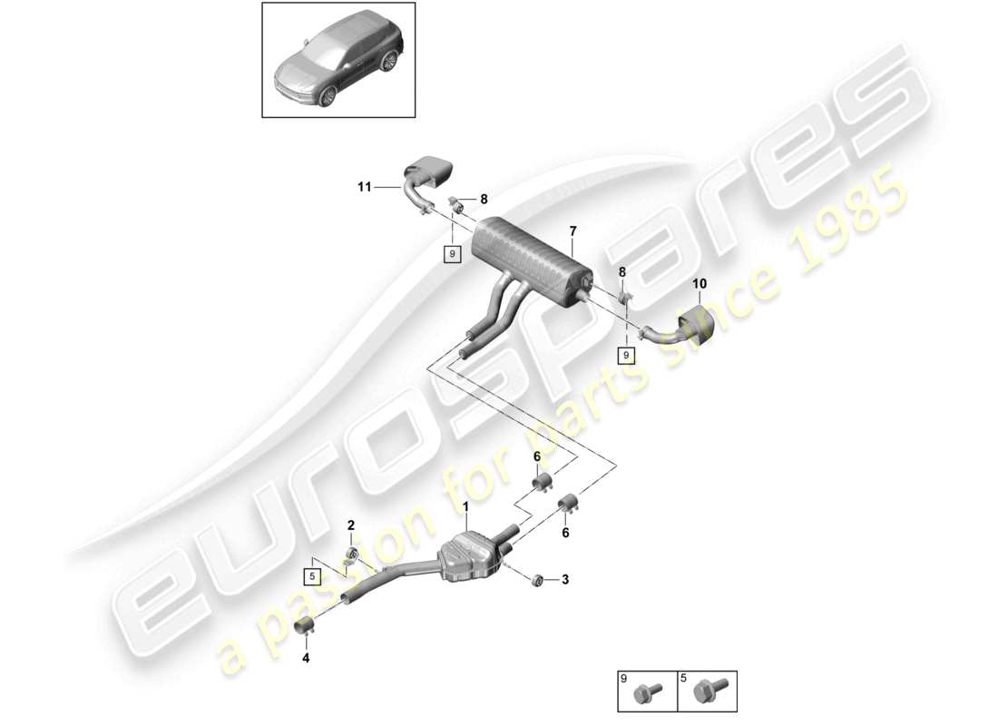 porsche 2024 (cayenne e3 9ya/9yb) exhaust system front silencer rear silencer tailpipe part diagram