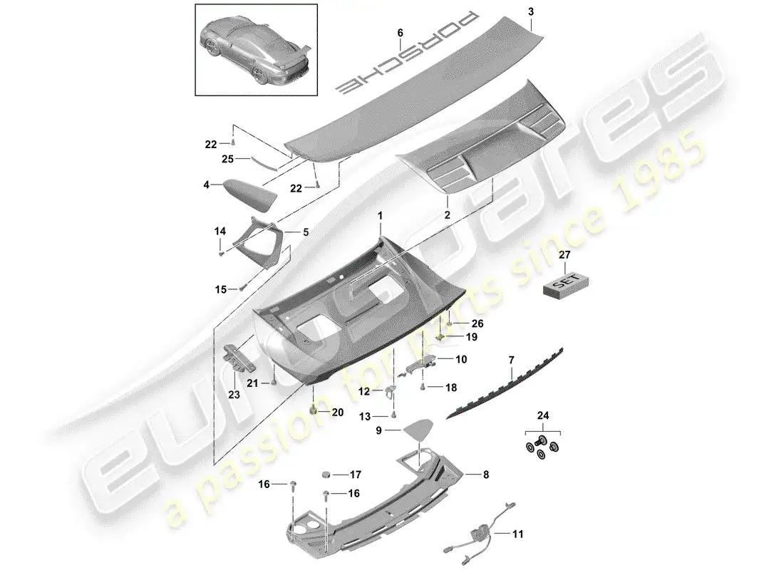 porsche 2014 (991-1 r/gt3/rs) rear trunk lid parts diagram
