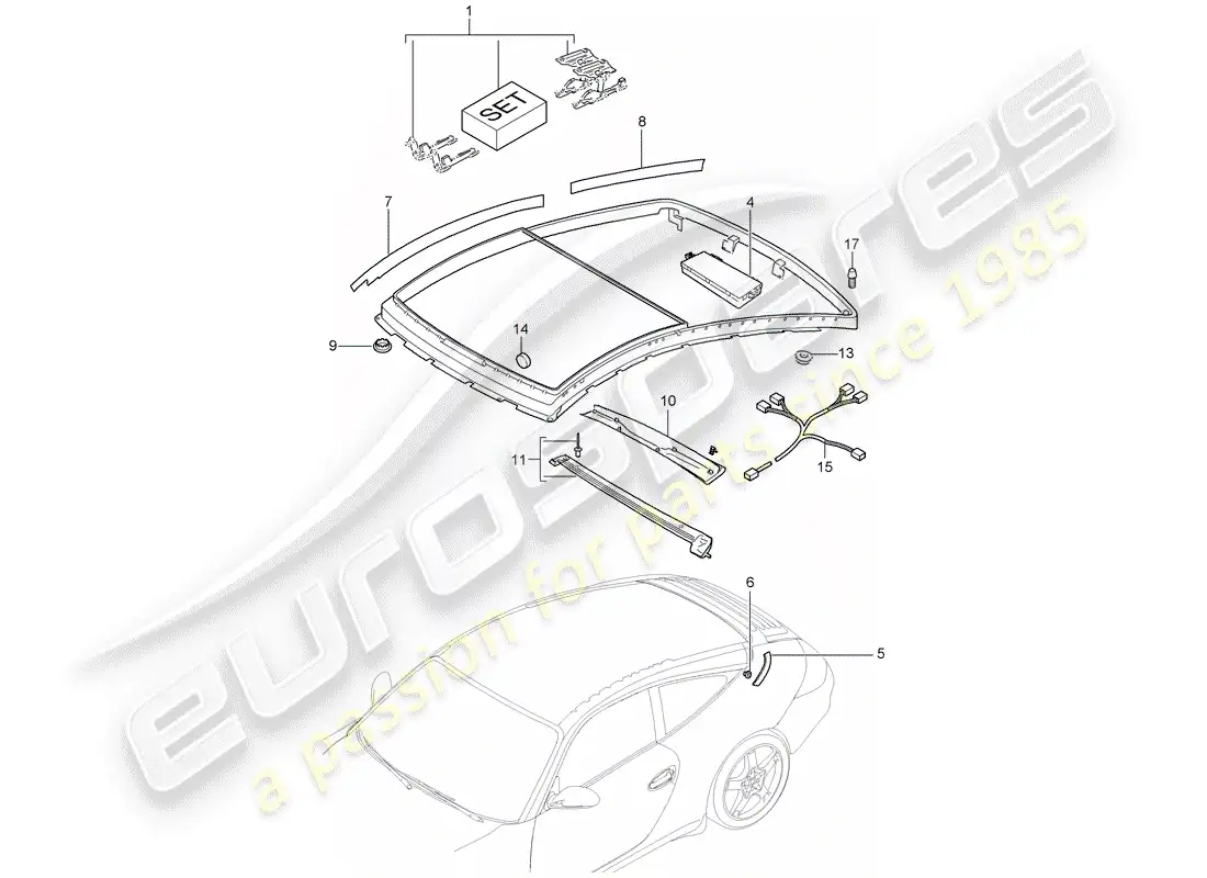 porsche 2007 (997-1) glass roof parts diagram