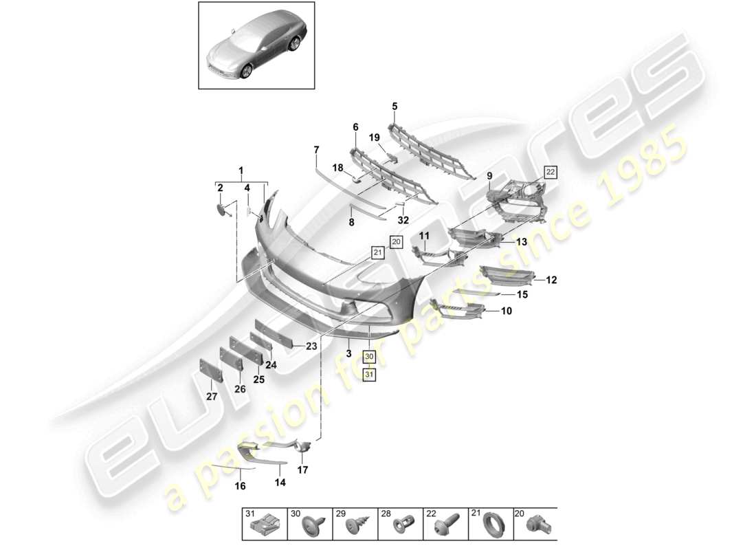 porsche 2021 (panamera 971-1) bumper front sport design package parts diagram