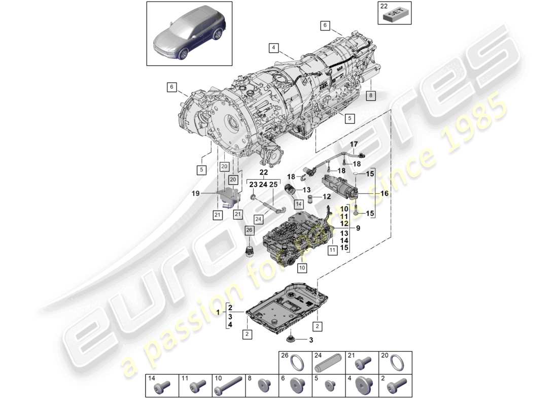 porsche 2024 (cayenne e3 9ya/9yb) 8-speed automatic gearbox for vehicles with hybrid drive mechatronic with software oil pump gear oil cooler transmission oil sump part diagram