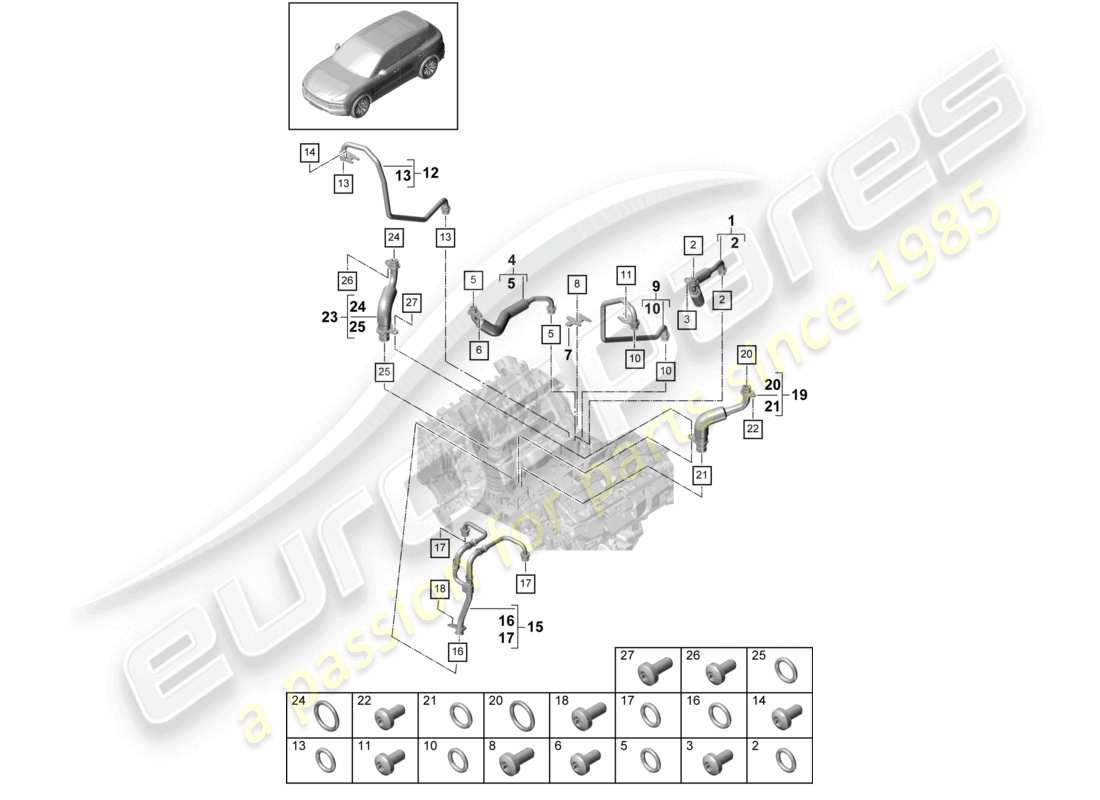 porsche 2022 (cayenne e3 9ya/9yb) coolant cooling system for turbocharger oil pressure line for engine oil cooling part diagram