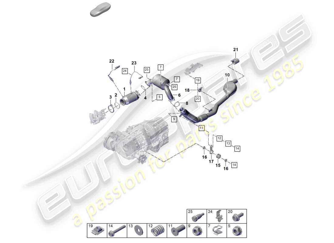 porsche 2025 (cayenne e3 pa) exhaust system catalytic converter with petrol particulate filter exhaust pipe with front silencer lambda probe part diagram