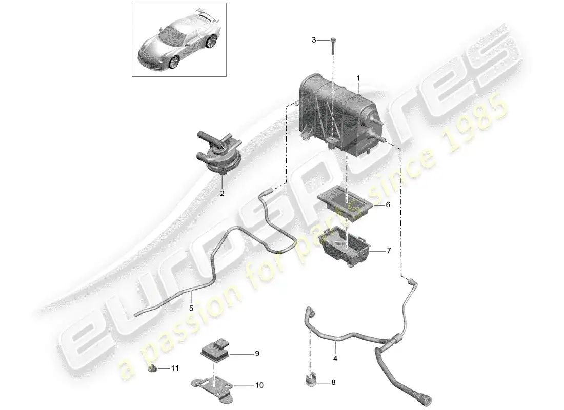 porsche 2016 (991-1 r/gt3/rs) evaporative emission canister parts diagram