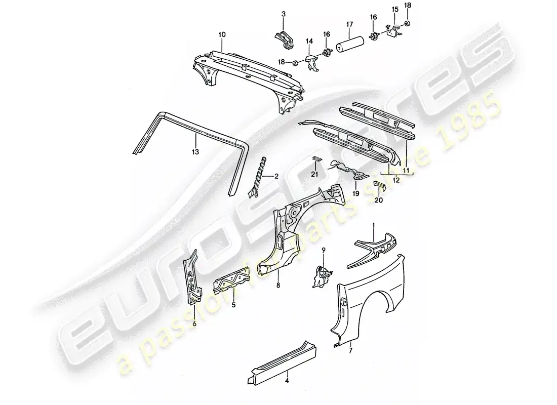 porsche 1990 (944) side panel - windshield frame - end plate parts diagram