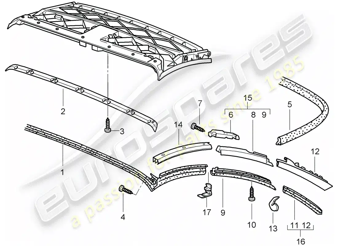 porsche 1998 (996) convertible top - seal strip parts diagram