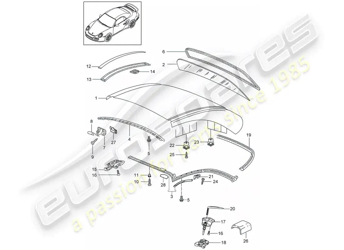 porsche 2013 (997-2 turbo / gt2 rs) hardtop parts diagram