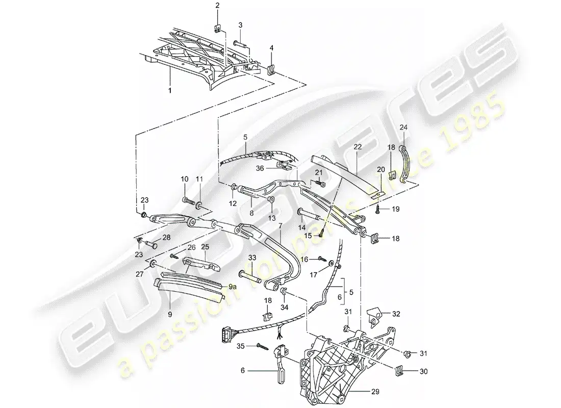 porsche 1998 (996) top frame - single parts parts diagram
