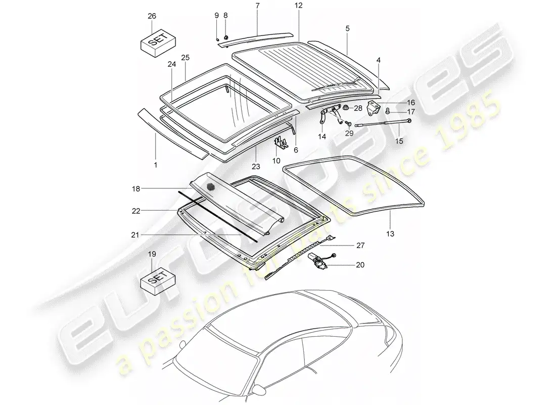 porsche 1998 (996) glass roof - trims parts diagram