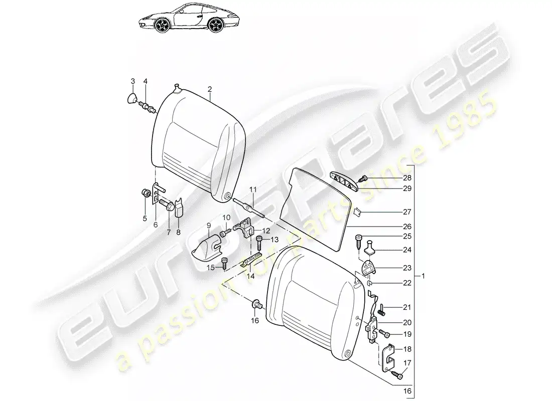 porsche 2004 (996) emergency seat backrest parts diagram