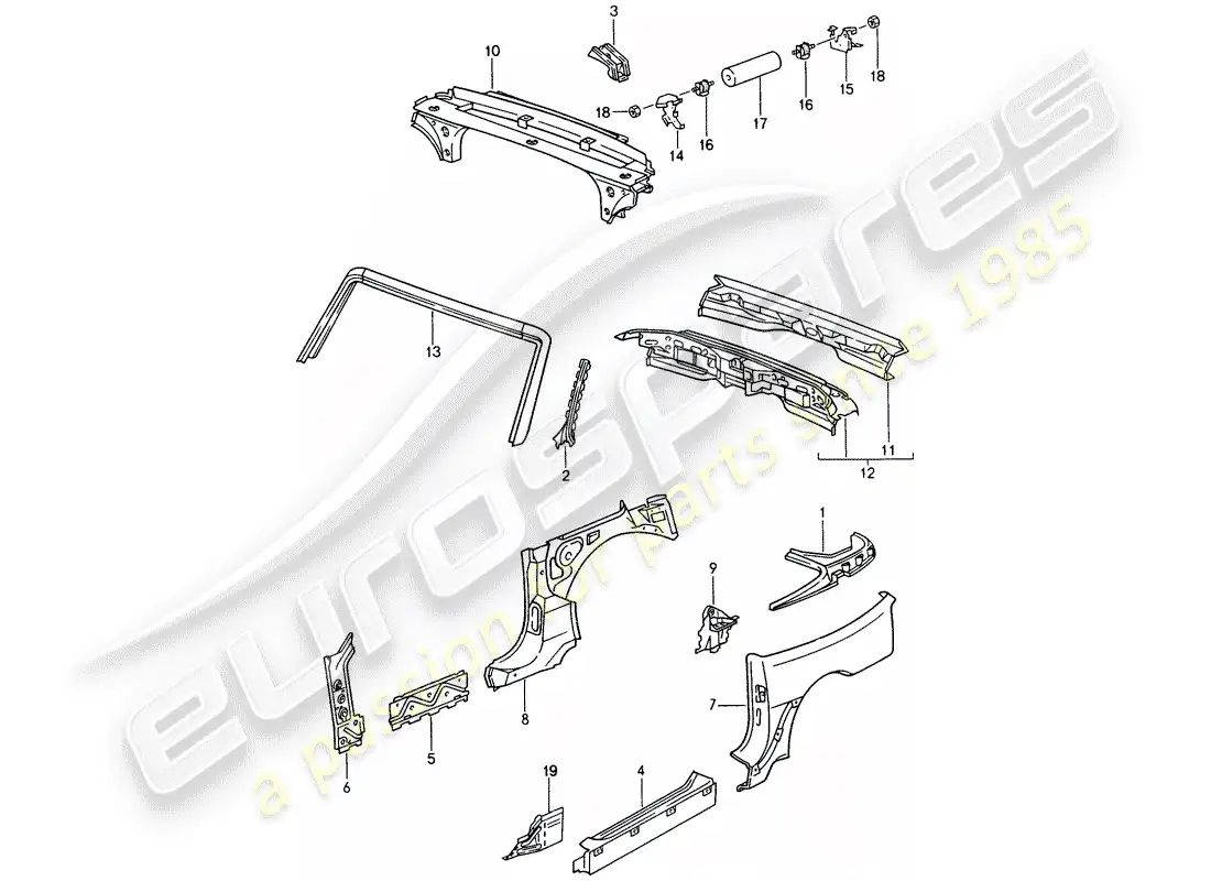 porsche 1995 (968) side panel - windshield frame - end plate parts diagram