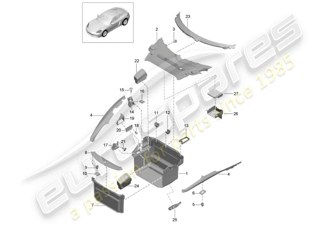 porsche 2025 (718 cayman) luggage compartment trim front part diagram
