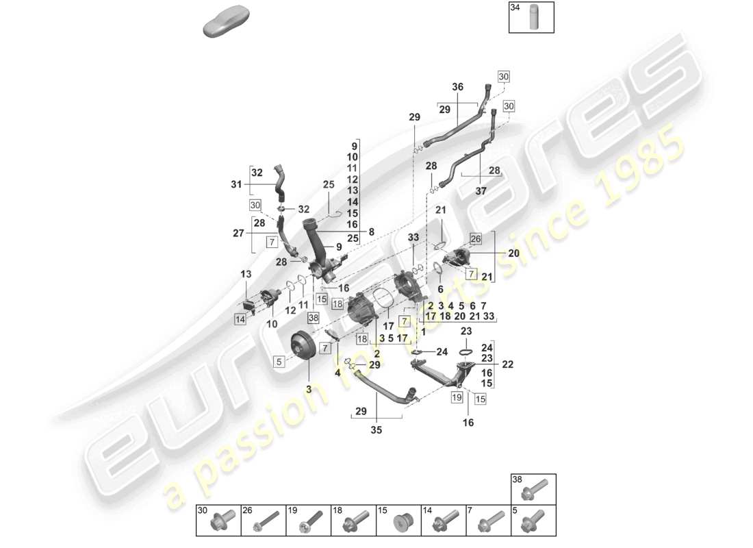 porsche 2021 (992-1) coolant pump thermostat thermostat housing parts diagram