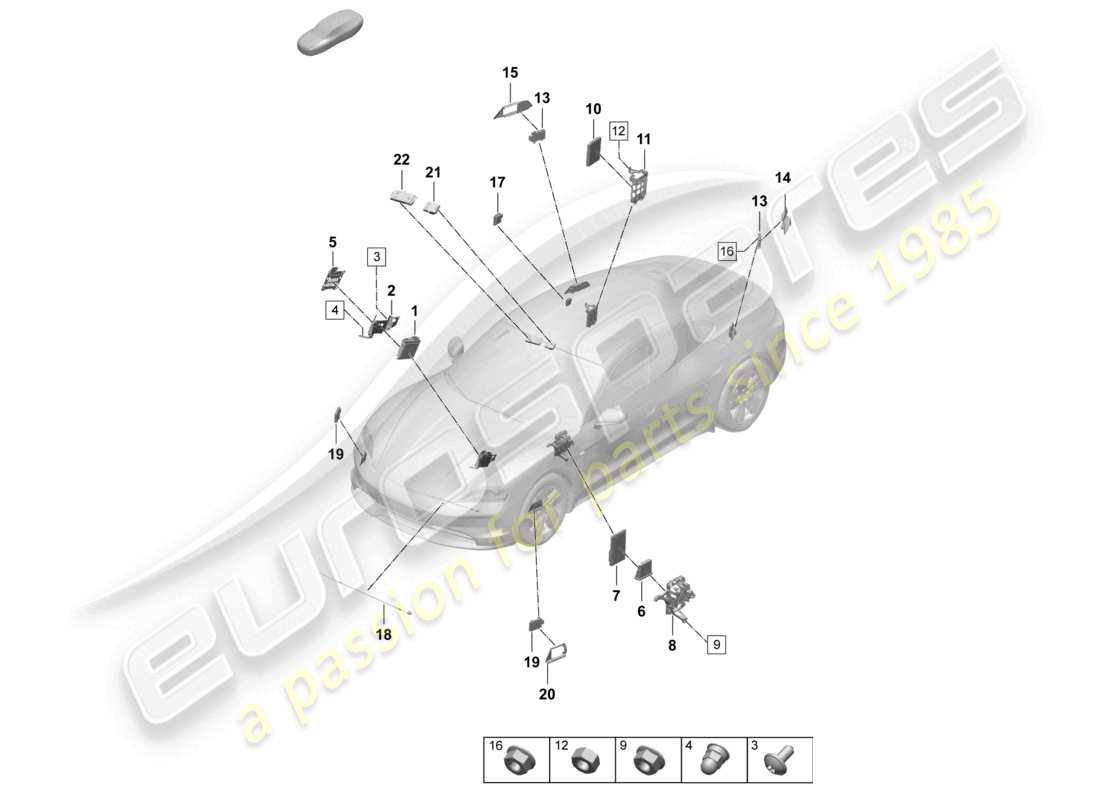 porsche 2026 (taycan 9j1-2) control units control unit for driver assist systems control unit for thermomanagement control unit (bcm) for conv. system & ob power supply control unit for lane change assist control unit for opening garage door control unit for object detection glass r part diagram