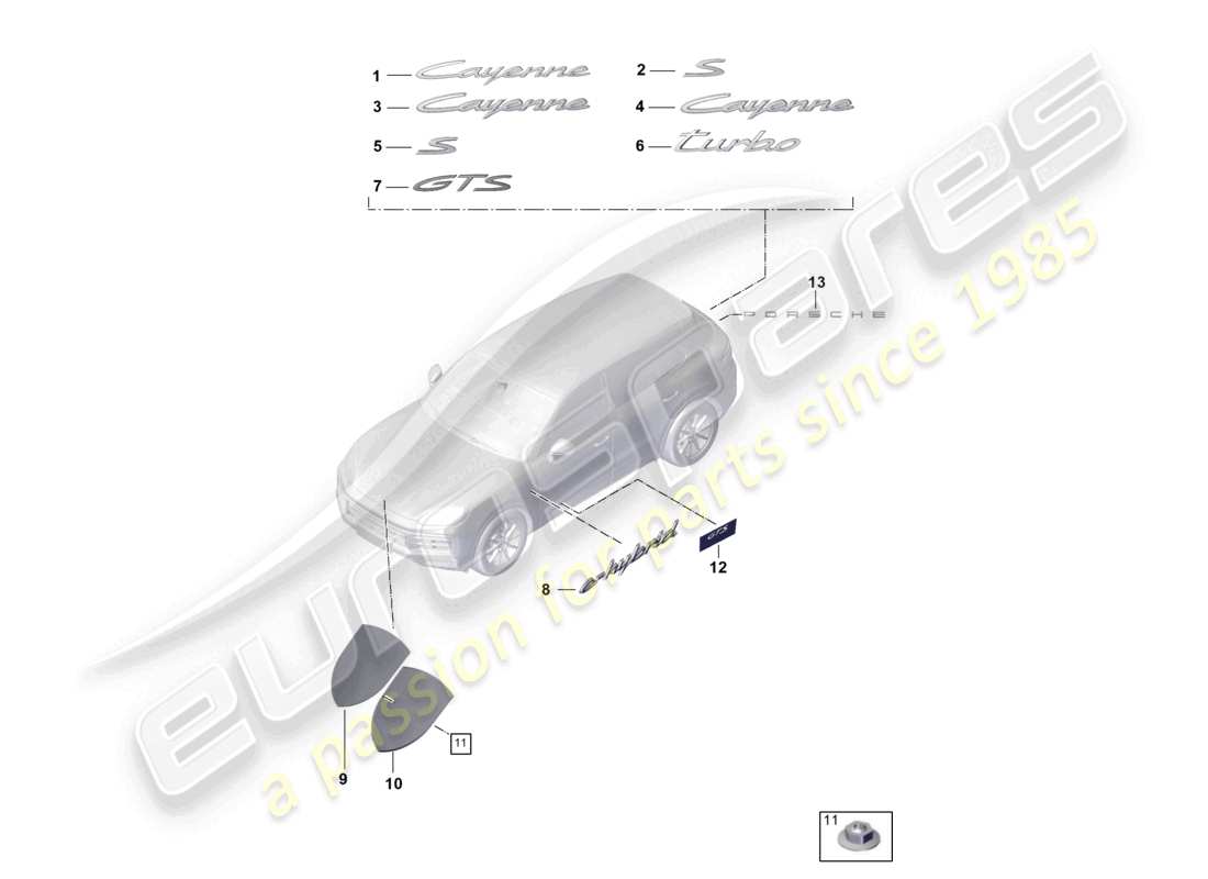 porsche 2026 (cayenne e3 pa) inscriptions/lettering front and rear porsche crest side outer part diagram