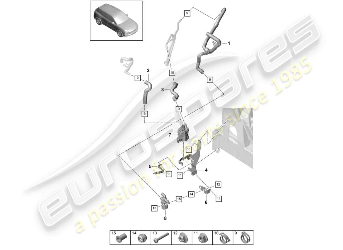 porsche 2022 (cayenne e3 9ya/9yb) heater v6 low-temperature circuit left front for vehicles with hybrid drive part diagram