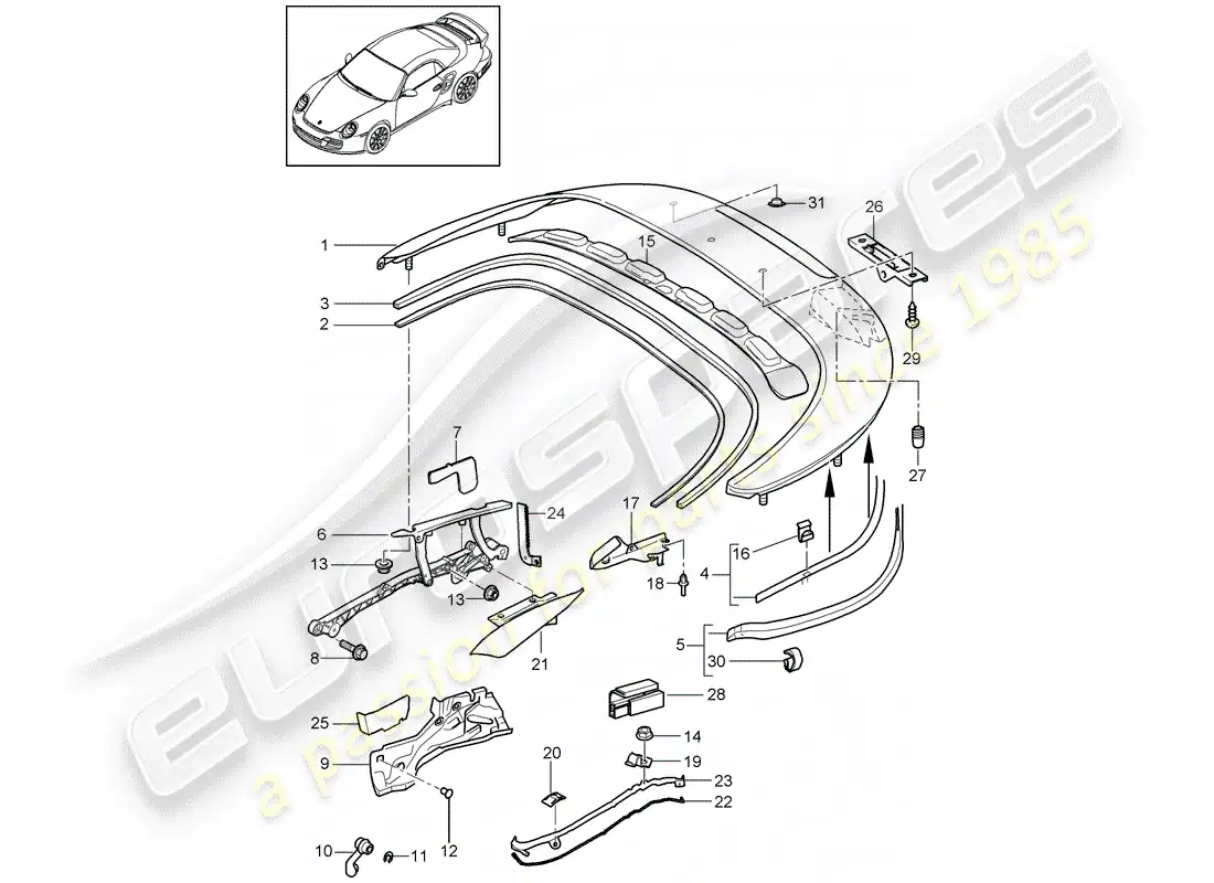 porsche 2011 (997-2 turbo / gt2 rs) top stowage box parts diagram