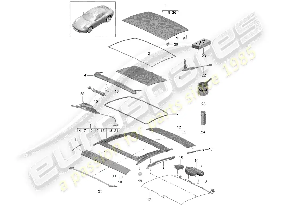 porsche 2020 (991-2) sliding/tilting roof parts diagram
