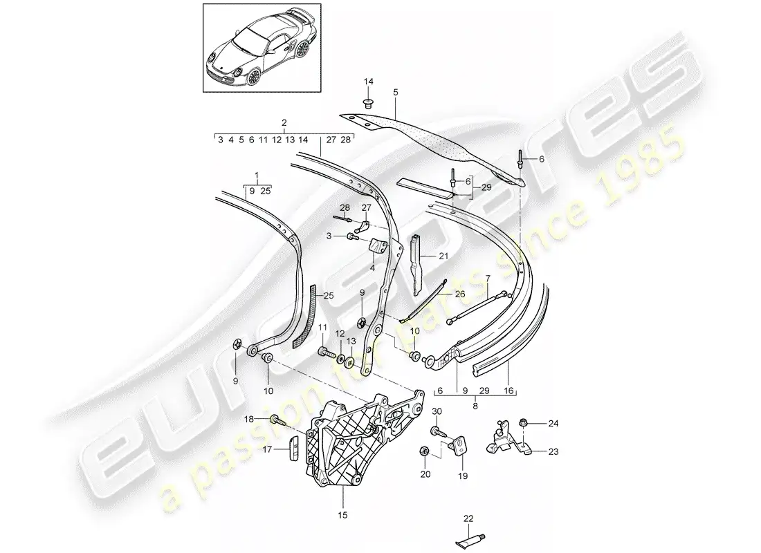 porsche 2013 (997-2 turbo / gt2 rs) top frame parts diagram