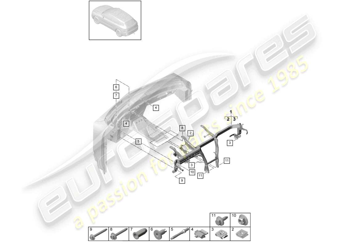 porsche 2022 (cayenne e3 9ya/9yb) retaining frame instrument panel trim part diagram