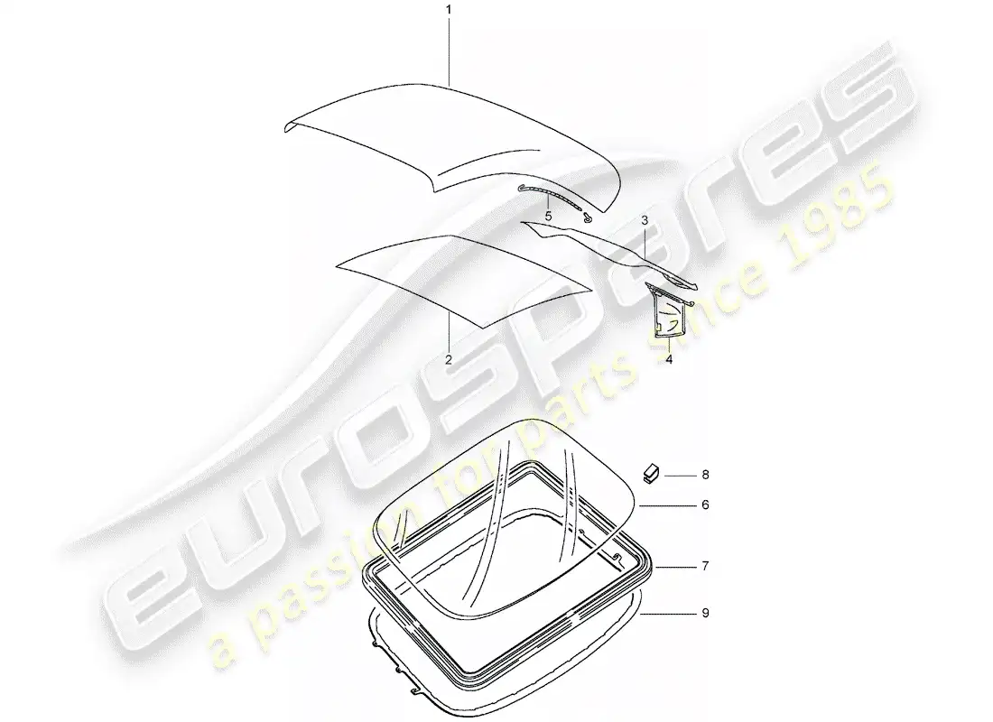 porsche 2005 (996 turbo / gt2) convertible top covering - roofliner parts diagram