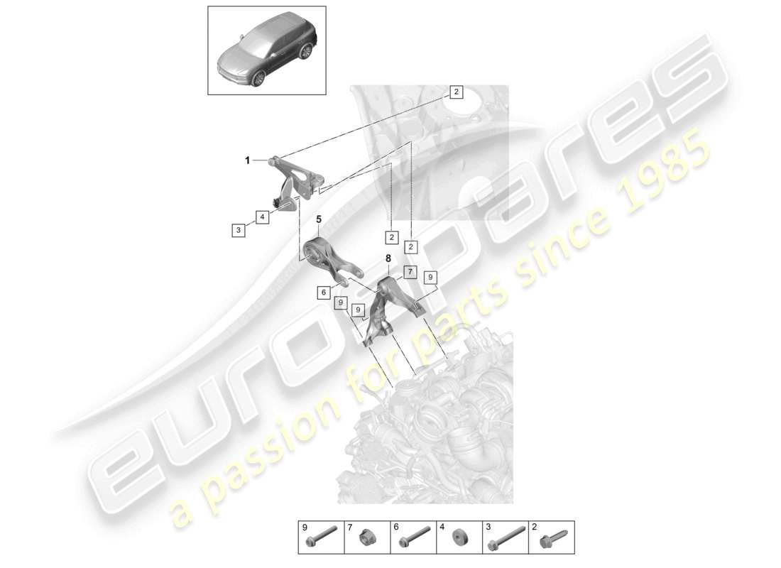 porsche 2022 (cayenne e3 9ya/9yb) engine lifting tackle upper engine support part diagram
