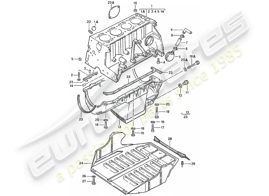 porsche 1985 (924) cylinder block - with pistons - oil pan - protective plate f. engine parts diagram