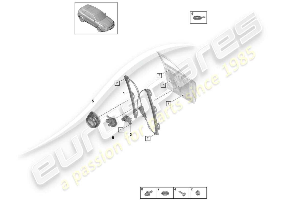 porsche 2023 (cayenne e3 9ya/9yb) window regulator front assembly carrier part diagram