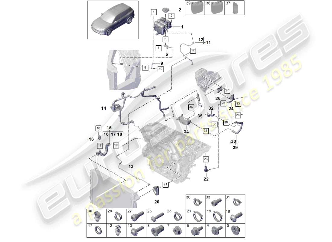 porsche 2023 (cayenne e3 9ya/9yb) coolant cooling system coolant expansion tank coolant pipe part diagram