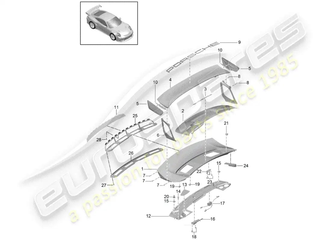 porsche 2016 (991-1 turbo) rear trunk lid parts diagram