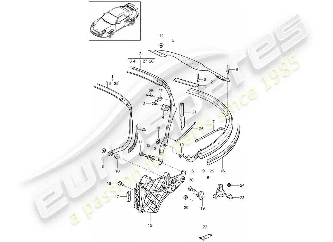 porsche 2007 (997-1 turbo / gt2) top frame parts diagram