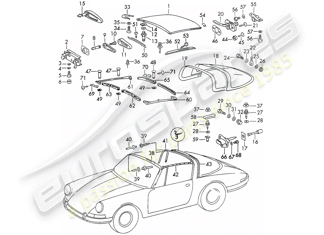 porsche 1973 (911) roof parts diagram