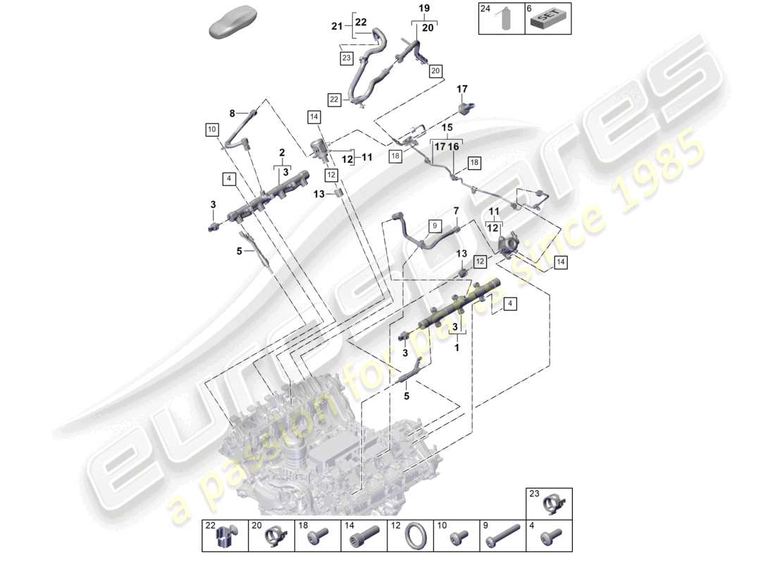 porsche 2023 (cayenne e3 pa) fuel collection pipe high-pressure injector high pressure pump fuel line part diagram