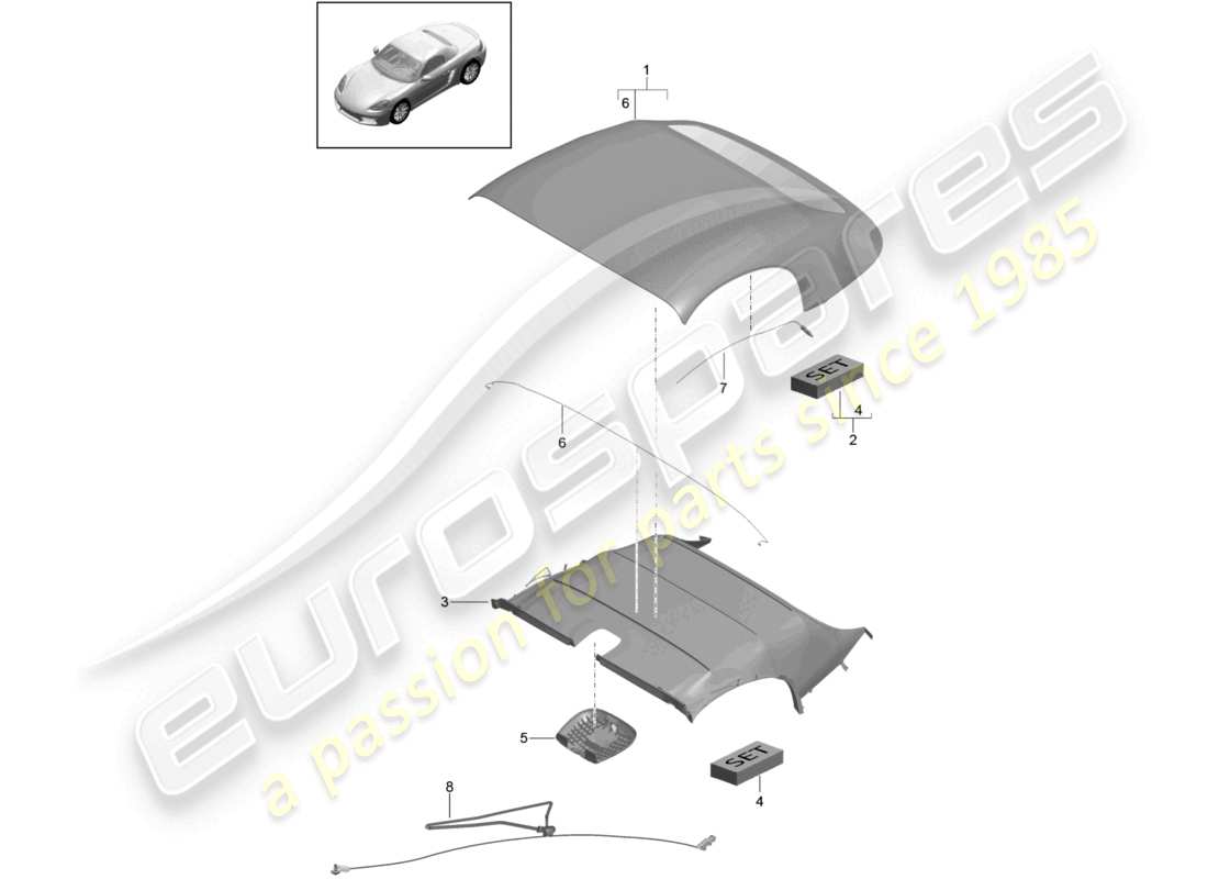 porsche 2023 (718 boxster) convertible top covering moulded headliner part diagram