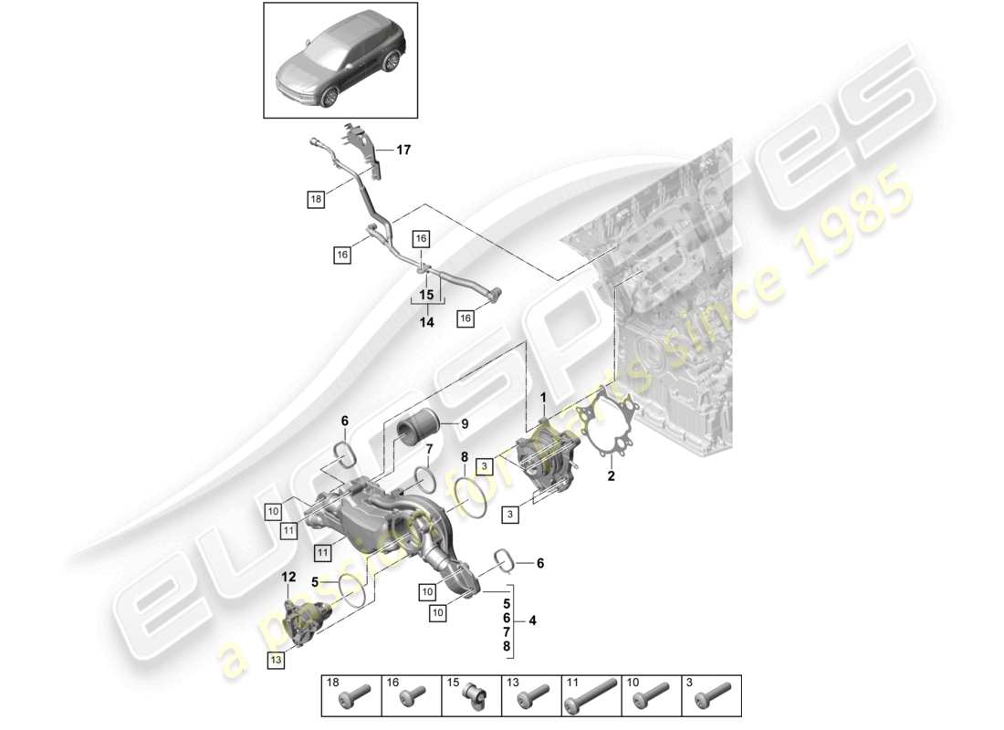 porsche 2022 (cayenne e3 9ya/9yb) coolant pump thermostat housing breather line part diagram