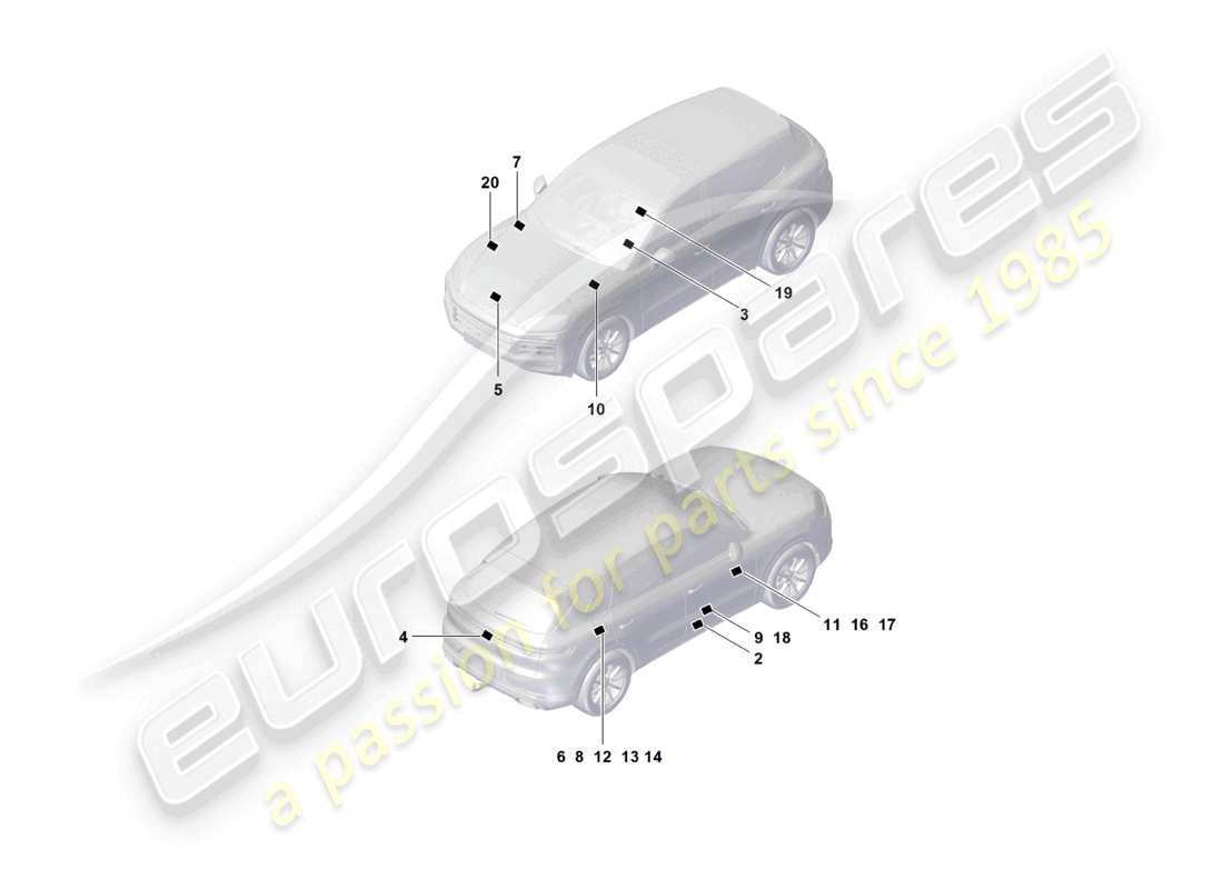 porsche 2025 (cayenne e3 pa) signs/notices spare wheel warning sign air conditioning auxiliary heater battery part diagram