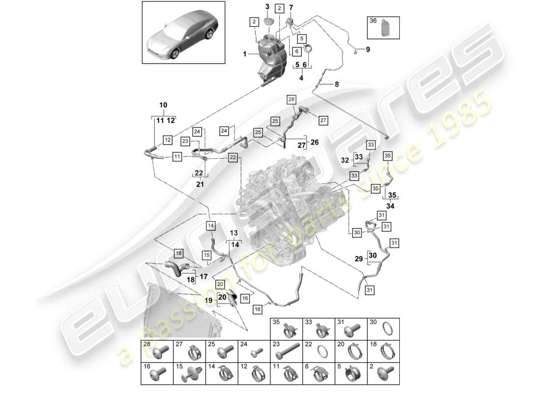 porsche 2021 (panamera 971-1) coolant cooling system coolant expansion tank breather line for models without auxiliary heater part diagram