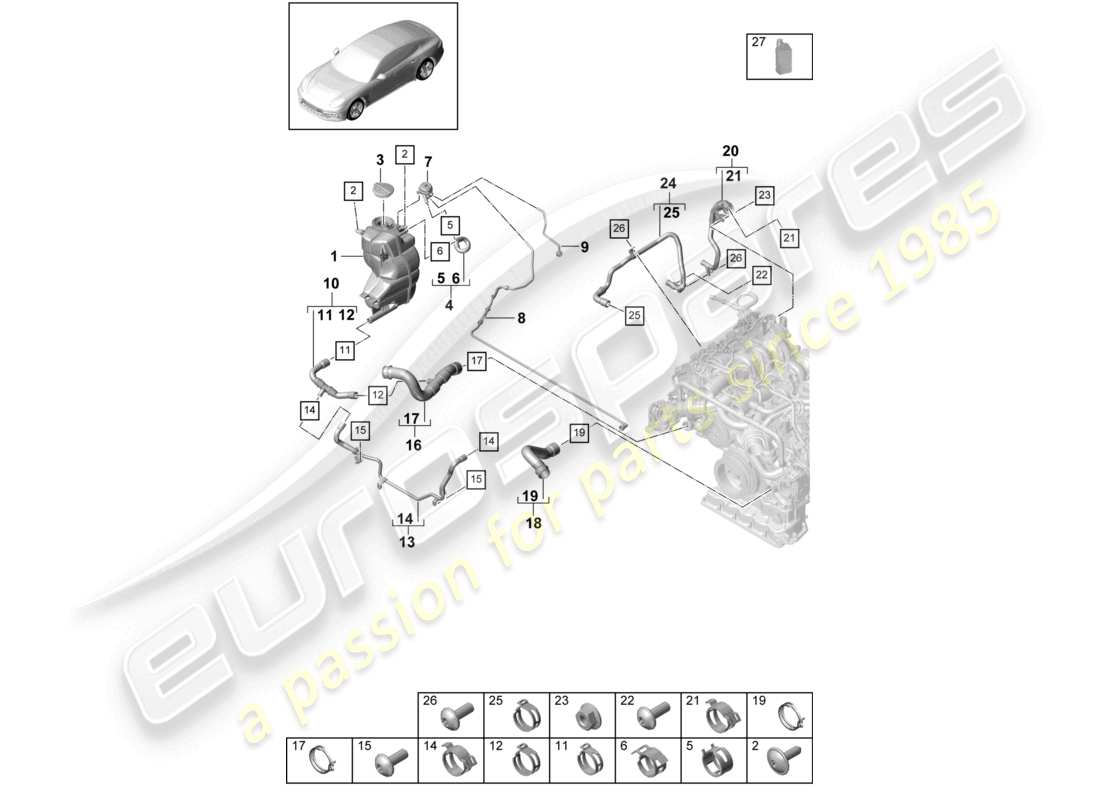 porsche 2021 (panamera 971-1) coolant cooling system coolant expansion tank breather line part diagram