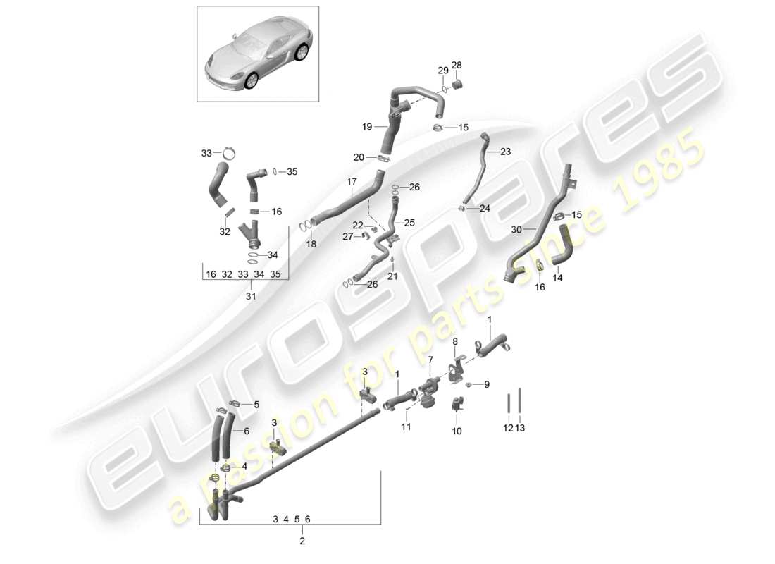 porsche 2025 (718 cayman) coolant cooling system water pipe part diagram