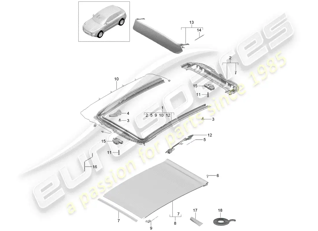 porsche 2016 (macan) glass roof parts diagram