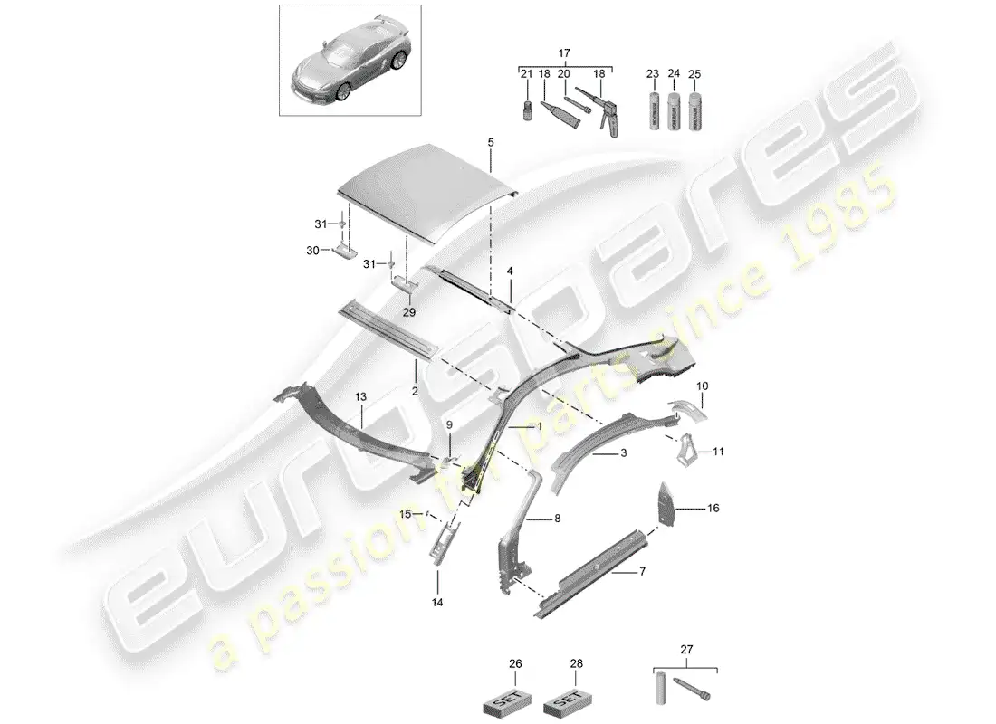 porsche 2016 (981 cayman gt4) roof part diagram