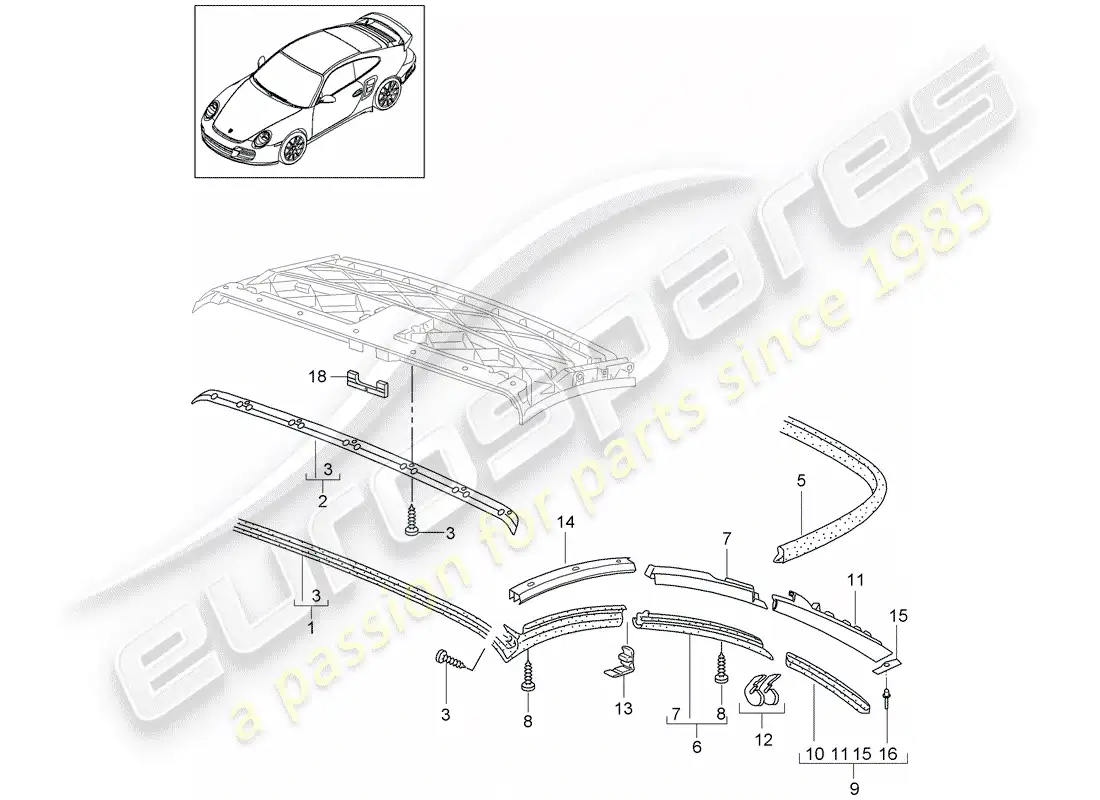 porsche 2007 (997-1 turbo / gt2) convertible top parts diagram