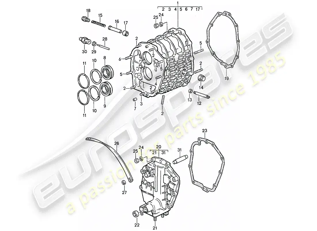 porsche 1987 (911) gear housing - transmission cover parts diagram