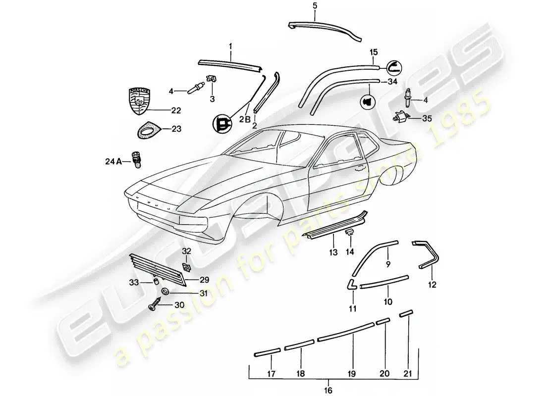 porsche 1986 (924s) decorative moulding parts diagram