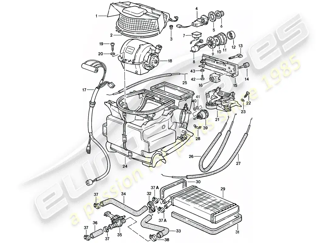 porsche 1984 (944) heater - ventilation - heater core parts diagram