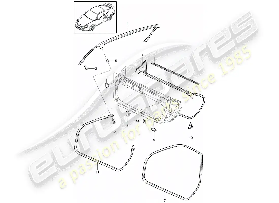 porsche 2012 (997-2 turbo / gt2 rs) door seal part diagram