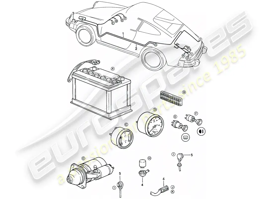 porsche 1985 (911) wiring harnesses - passenger compartment - battery starter cable - luggage compartment floor parts diagram