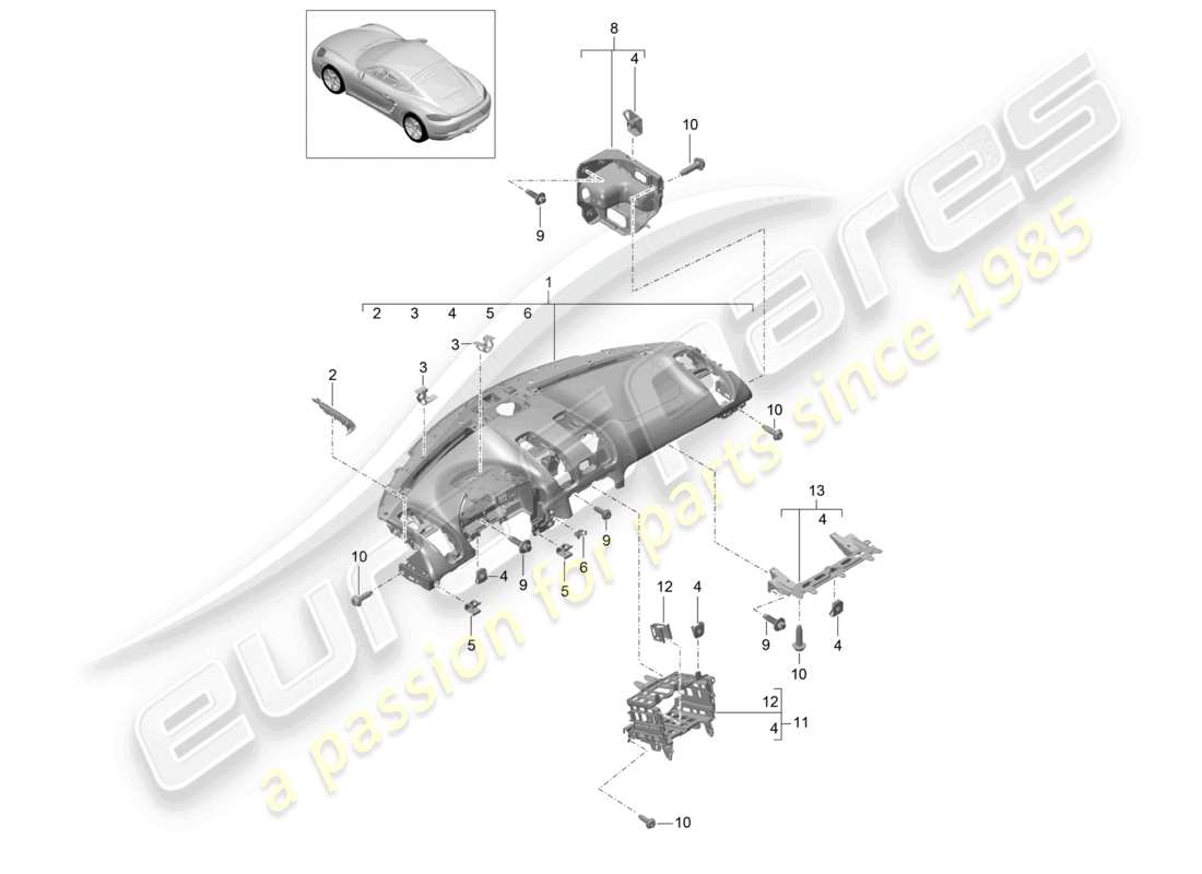 porsche 2021 (718 cayman) instrument panel trim upper part with: fasteners part diagram